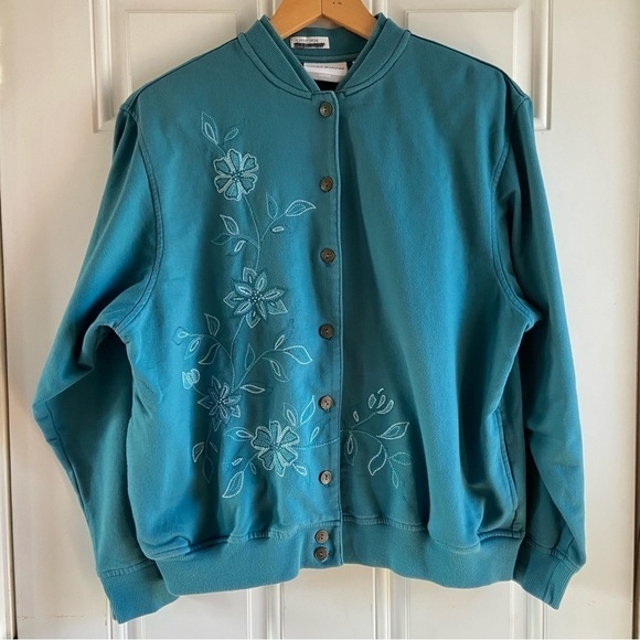 Alfred Dunner Embroidered Beaded Button Up Cardigan Size Large Teal - Picture 4 of 9